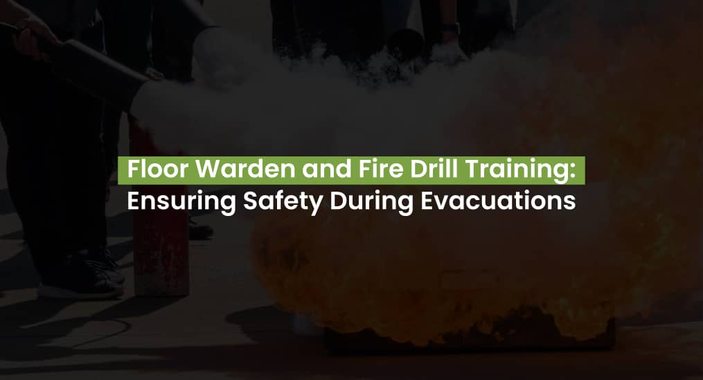 Fire drill training in action with a Floor Warden using a fire extinguisher to put out flames, emphasizing the importance of safety during evacuations.