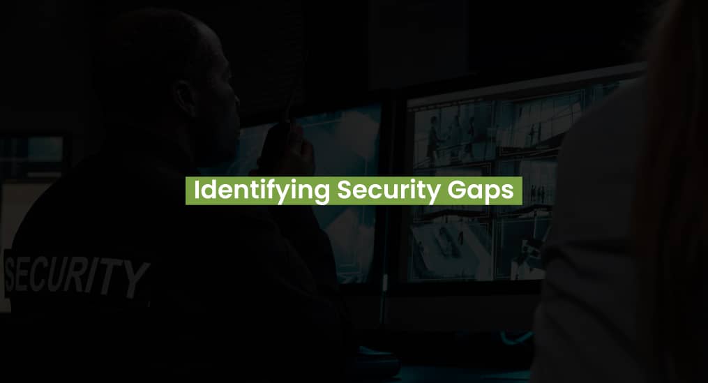 A security guard monitors CCTV footage, with "Identifying Security Gaps" displayed.