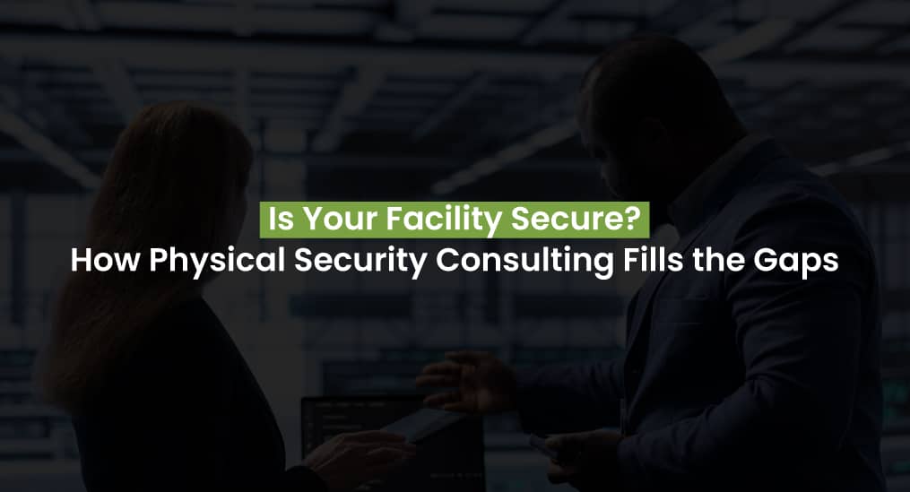 Two professionals discussing security measures in a corporate setting, highlighting how Physical Security Consulting helps identify gaps and improve facility security.