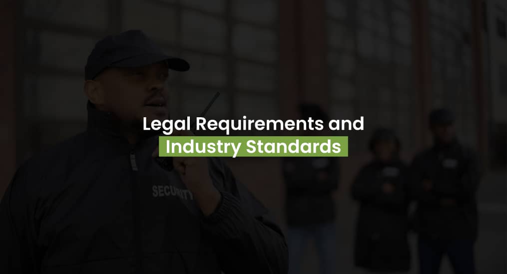 Security officer communicating via radio with team in the background.